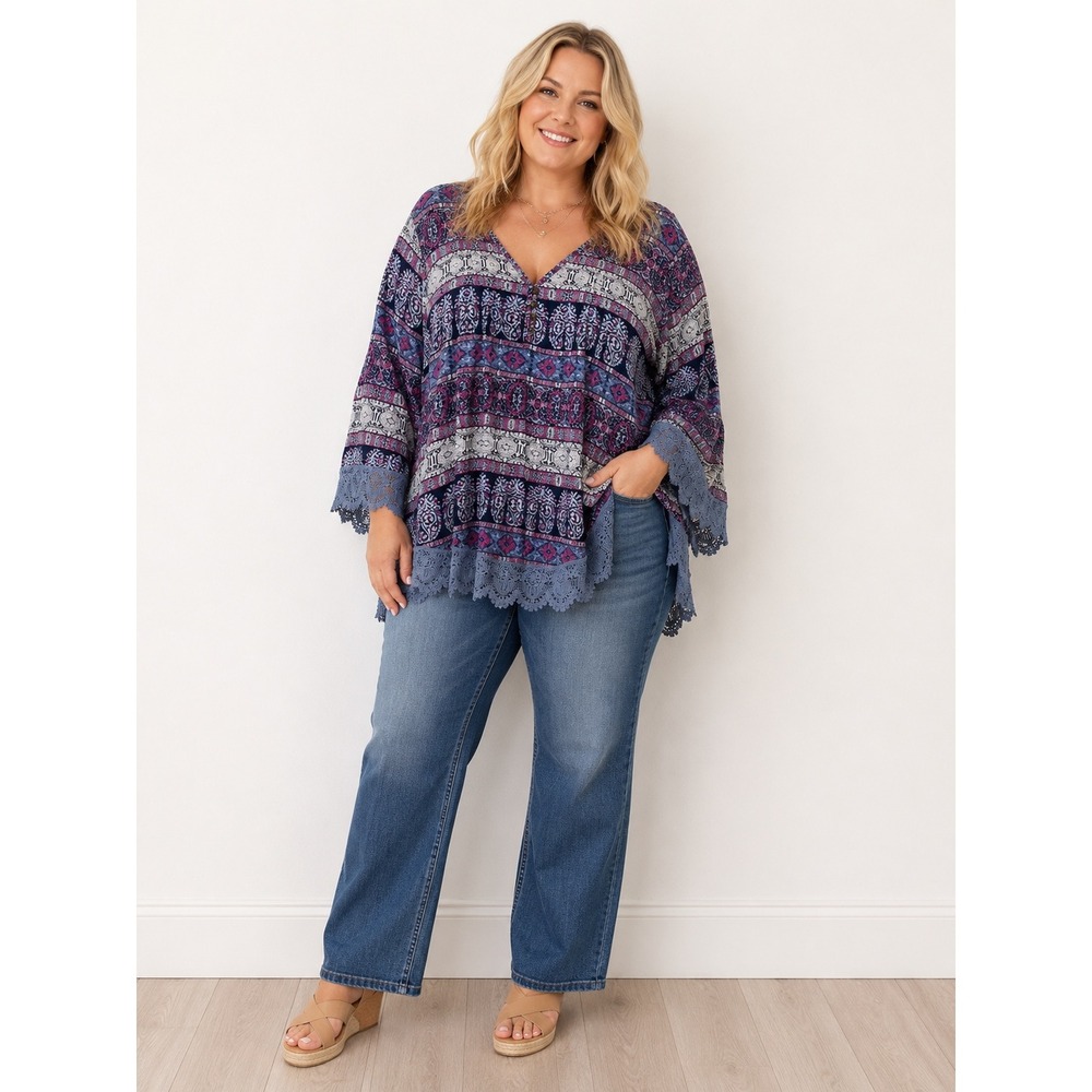 One World Tunic Top 2X Blue Paisley Crochet Lace Trim V-Neck Boho Blouse
